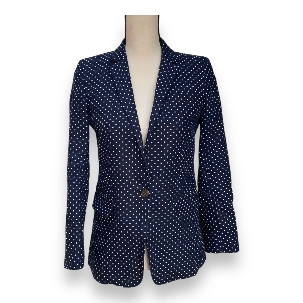J.Crew Regent Blazer‎ Navy Blue Polka Dot Linen Single Button Jacket Women 0